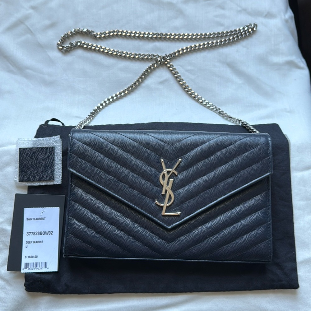 YSL Monogram Wallet on Chain in Grained Leather in 
Deep marine